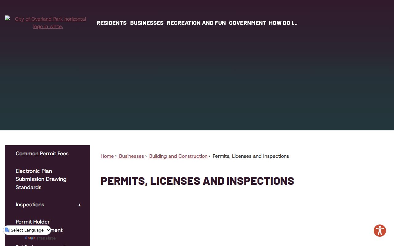 Overland Park city directory permits and inspections page