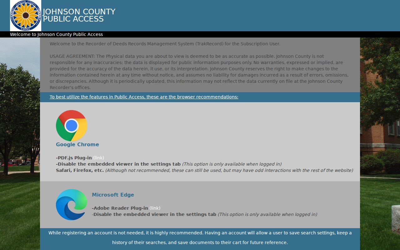 Johnson County Register of Deeds document access login for Overland Park property history