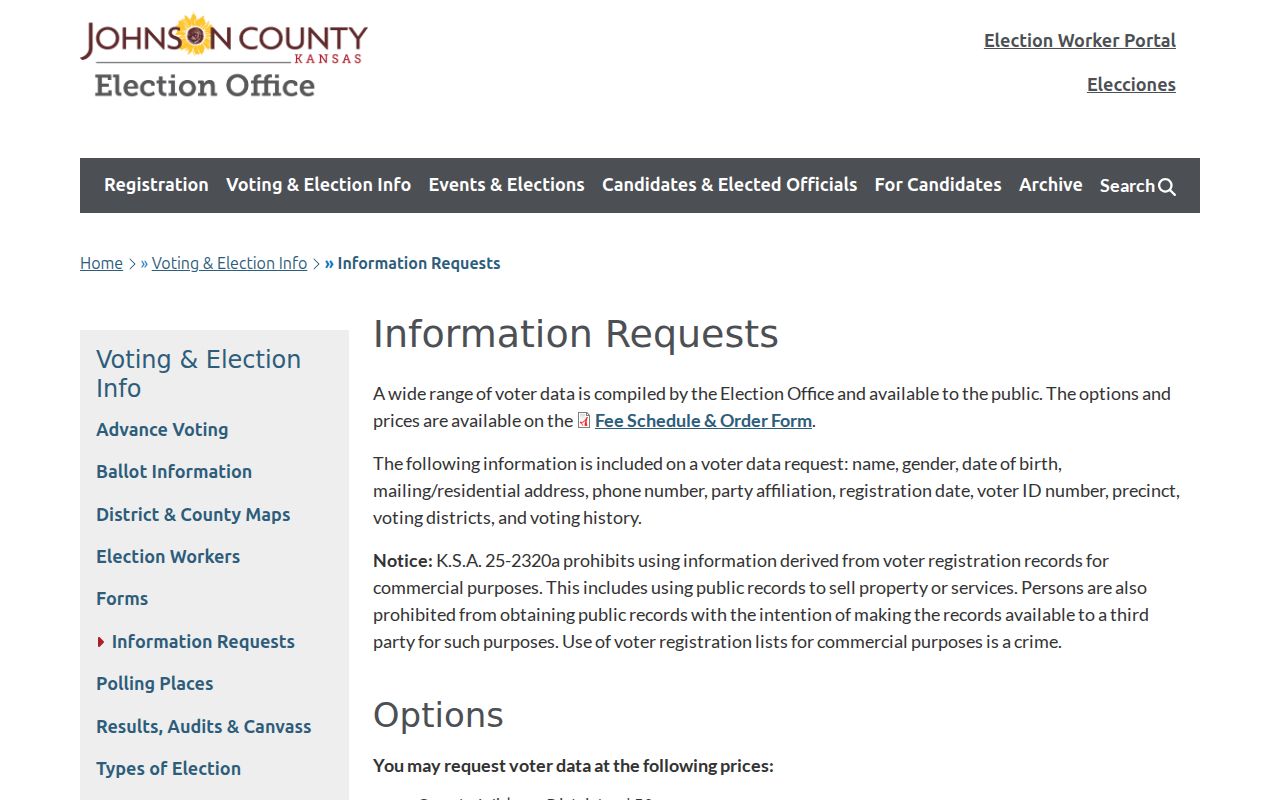 Johnson County Election Office voter information request guidance for an Overland Park resident lookup