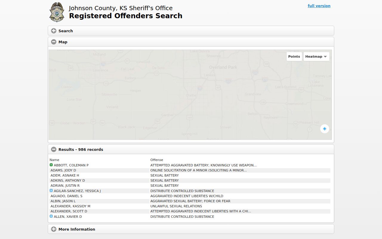 Johnson County offender map interface used for a narrow Overland Park public record check