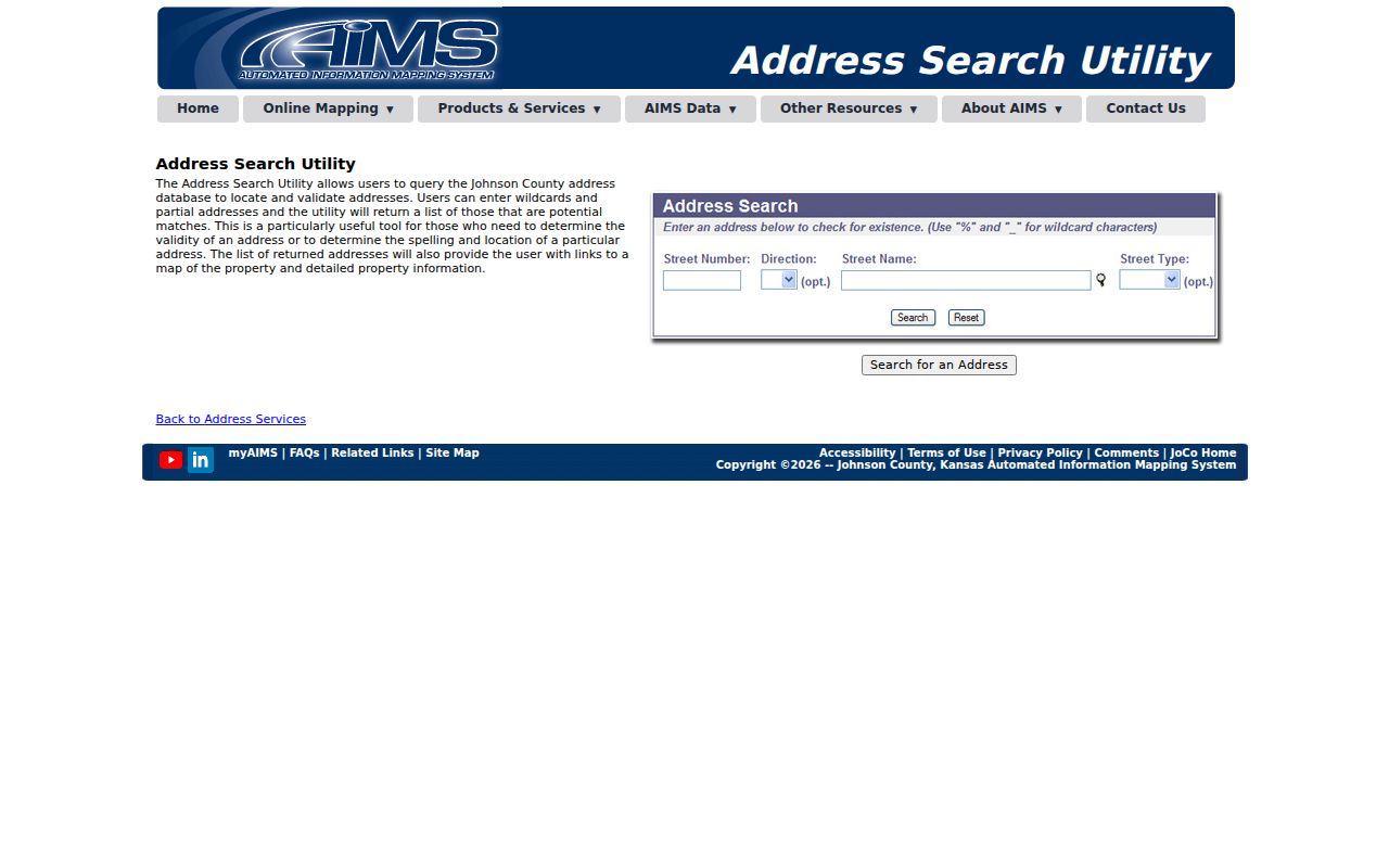 Overland Park street directory AIMS partial address search