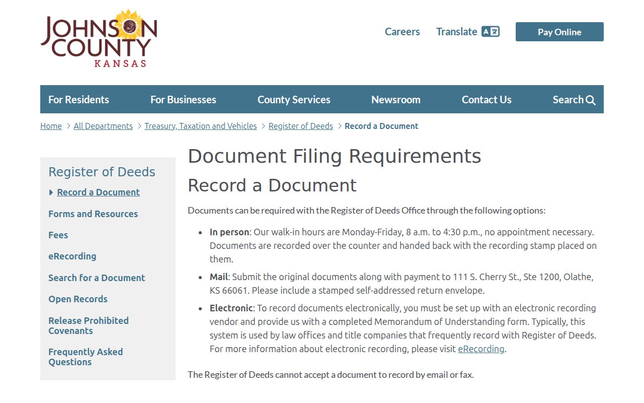 Overland Park street directory recorded deed filing requirements