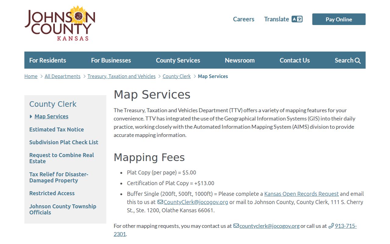 Overland Park street directory County Clerk buffer map services